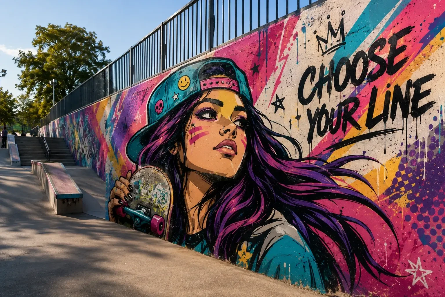 Colorful skateboard-themed mural with “Choose Your Line” artwork adds visual character to a community skate park.
